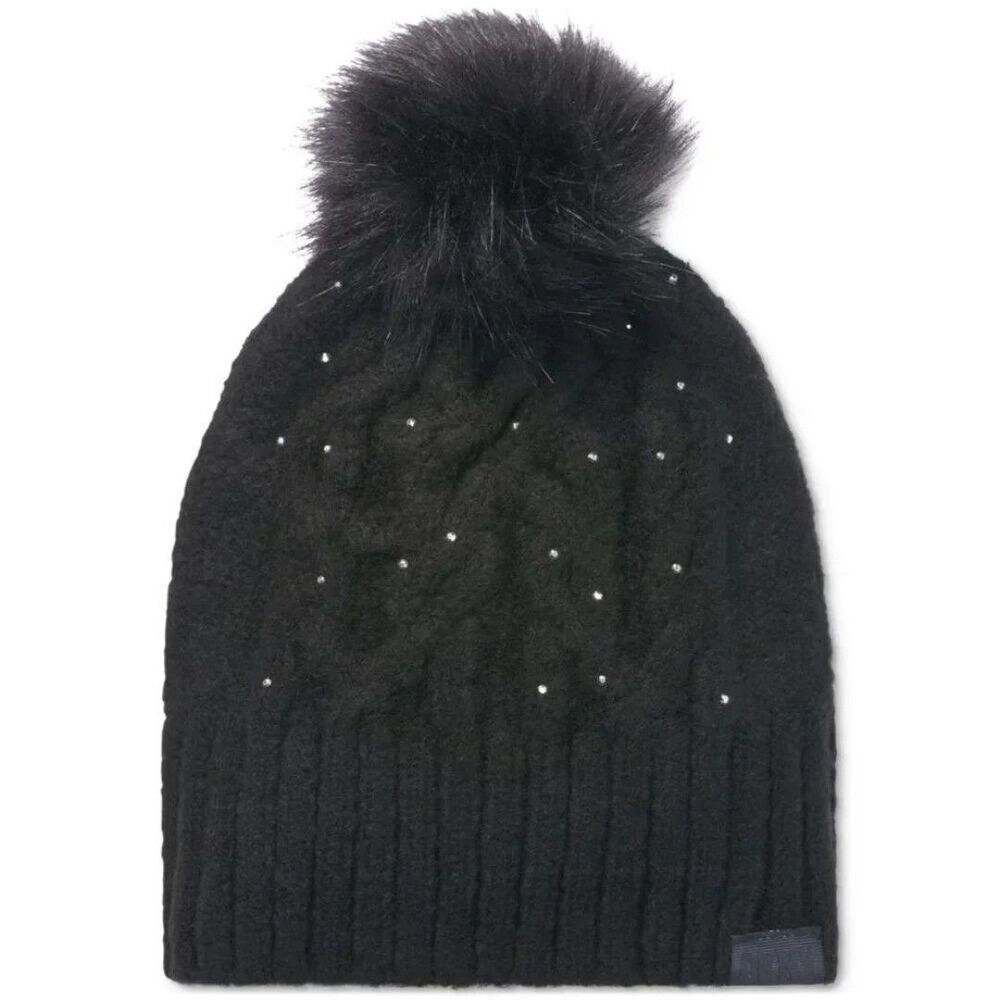 DKNY Women's Studded Cable-Knit Pom Pom Hat, Black, One Size